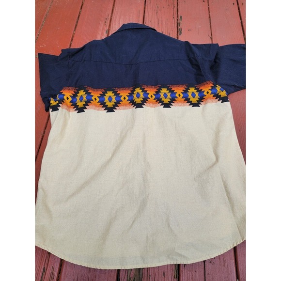 Vtg Rustler Wrangler Shirt Mens XLPearl Snap Aztec Blue Beige Brush Popper - Picture 7 of 7